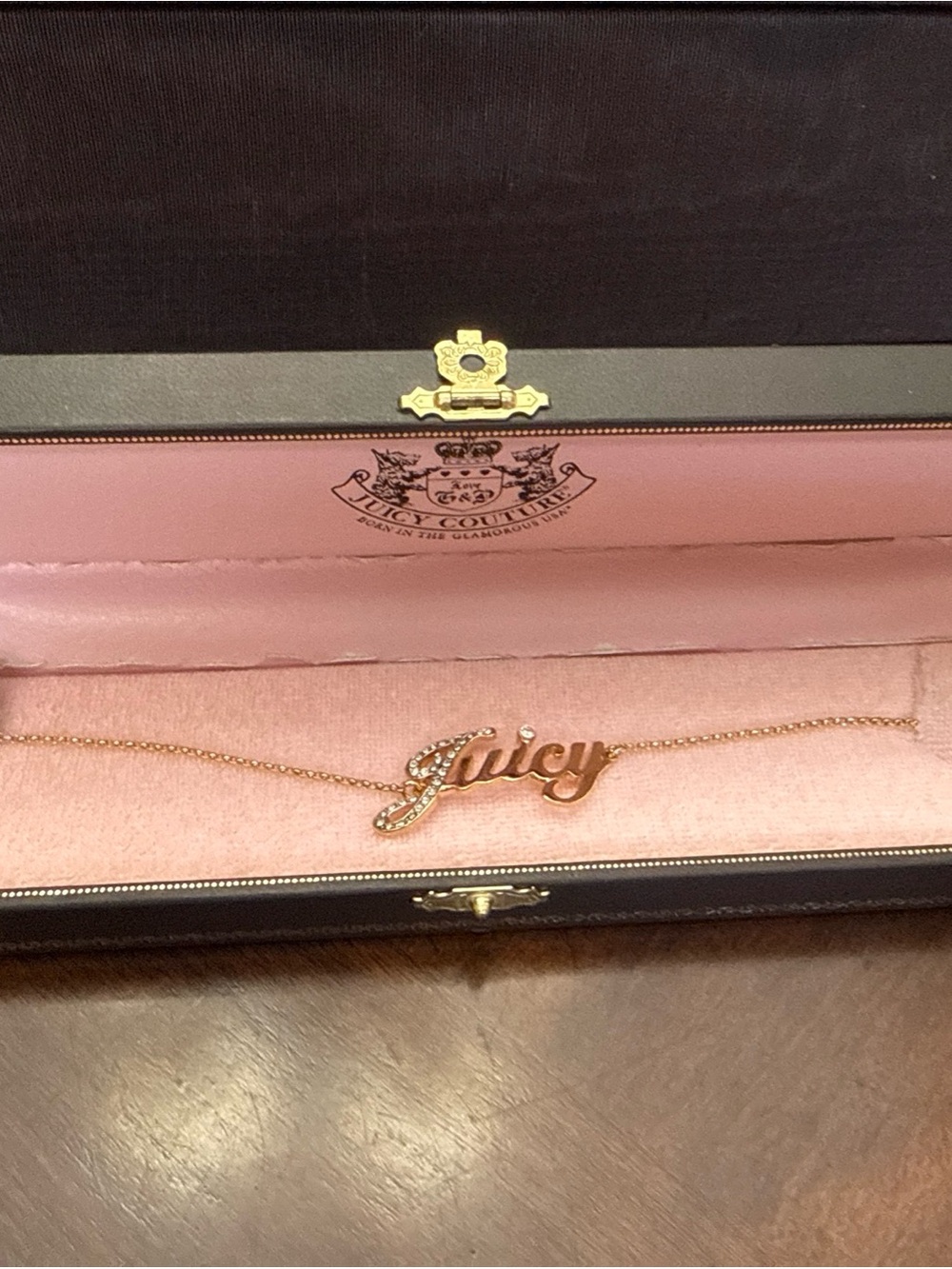 Vintage Juicy Couture Gold Tone 'Juicy' Script Bracelet with box.